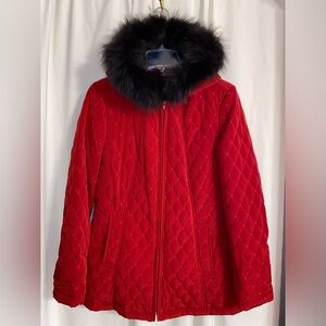 Hilary Ridley Studio Luxe Red Quilted Lined Jacket w/Black Fox Trimmed Hood Sz S